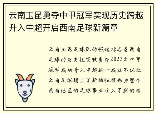 云南玉昆勇夺中甲冠军实现历史跨越升入中超开启西南足球新篇章